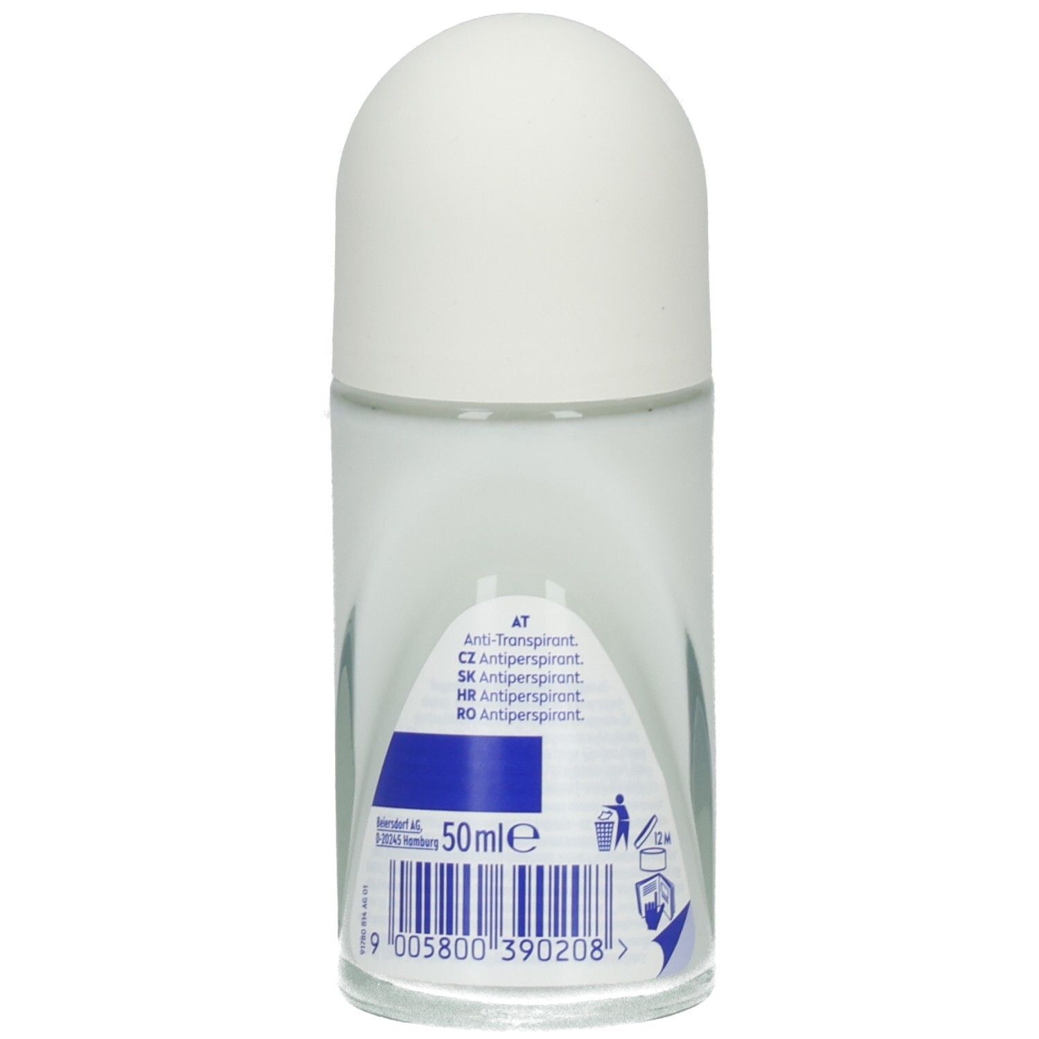Rückseite NIVEA Derma Control Natural Tone Roll-On. 50ml. Enthält Informationen zu Inhaltsstoffen und Recycling.