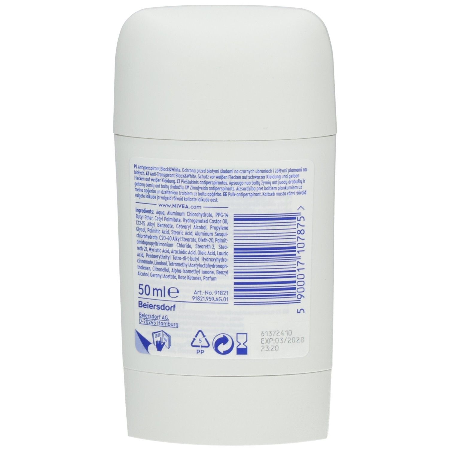 Rückseite eines NIVEA Black & White Authentic Invisible Deosticks mit Inhaltsstoffen und 50ml Angabe.