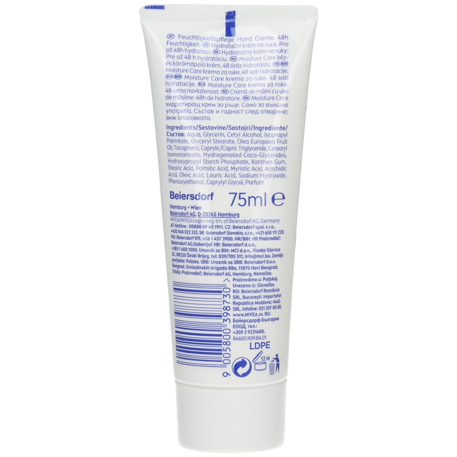 Rückseite der NIVEA Hand Cream Moisture Care Olive Tube mit Inhaltsstoffen und Herstellerinformationen. 75ml.