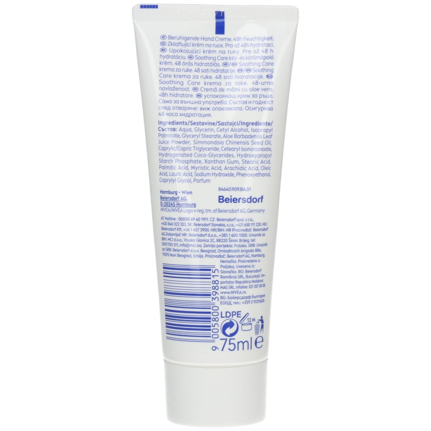 Rückseite einer NIVEA Hand Cream Soothing Care Tube (75ml) mit Inhaltsstoffen und Herstellerinformationen.