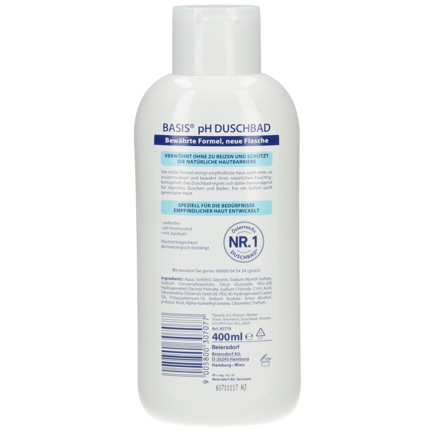 Rückseite Basis pH Duschbad, 400ml, mit Produktinformationen und Barcode.