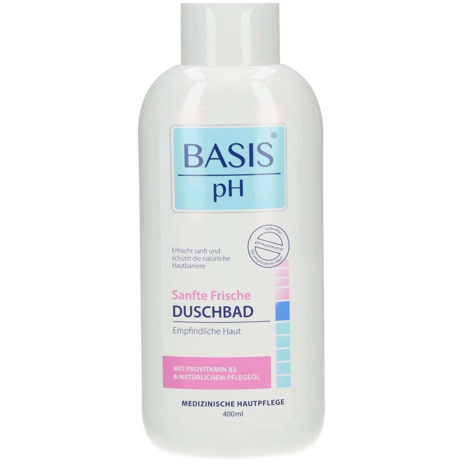 Basis pH Sanfte Frische Duschbad Flasche mit Etikett. Enthält Provitamin B5 und natürliches Pflegeöl.