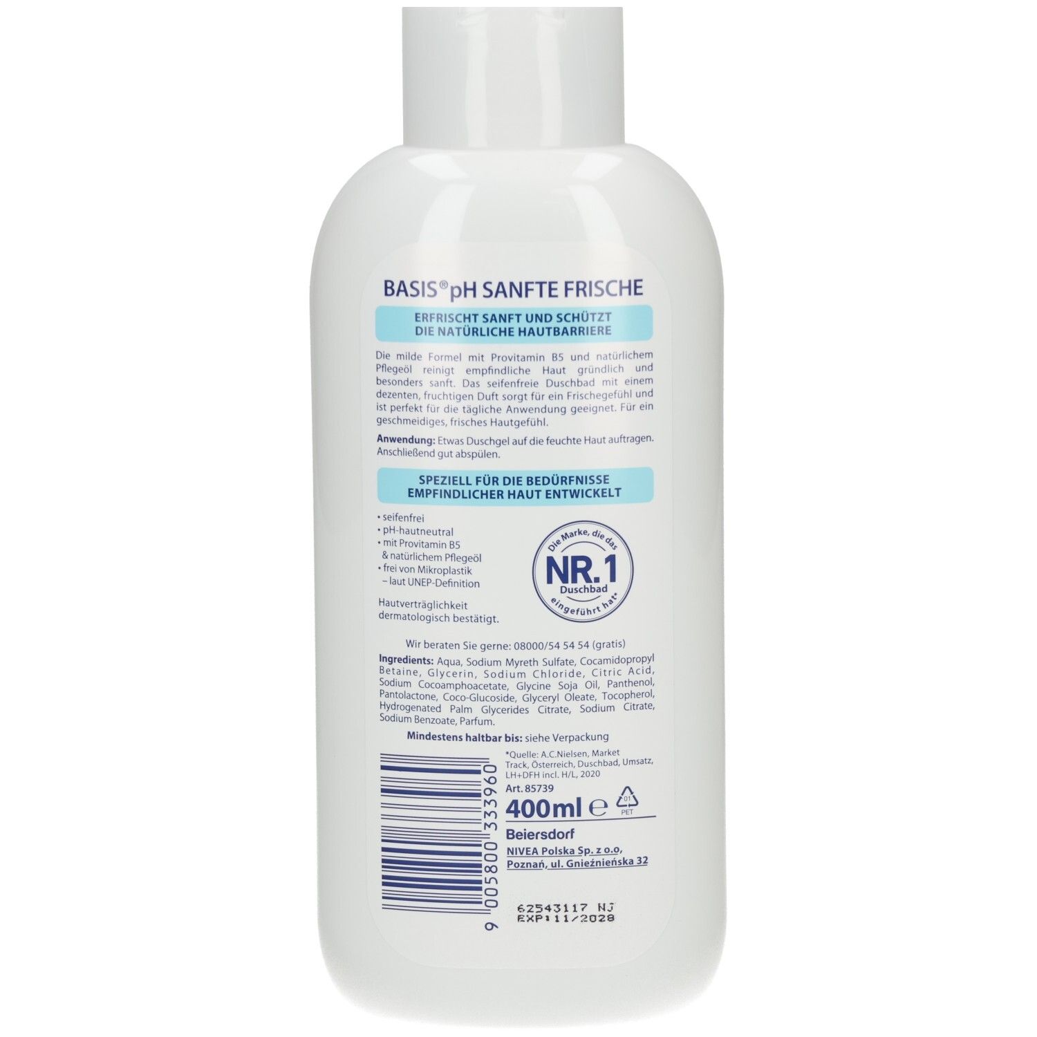 Rückseite der Basis pH Sanfte Frische Duschbad Flasche mit Inhaltsstoffen und Barcode. 400ml.