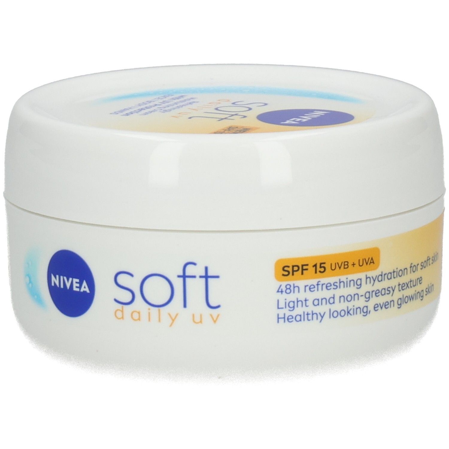 Weiße Dose NIVEA Soft Daily UV mit SPF 15. Leichte, nicht fettende Textur für weiche Haut.