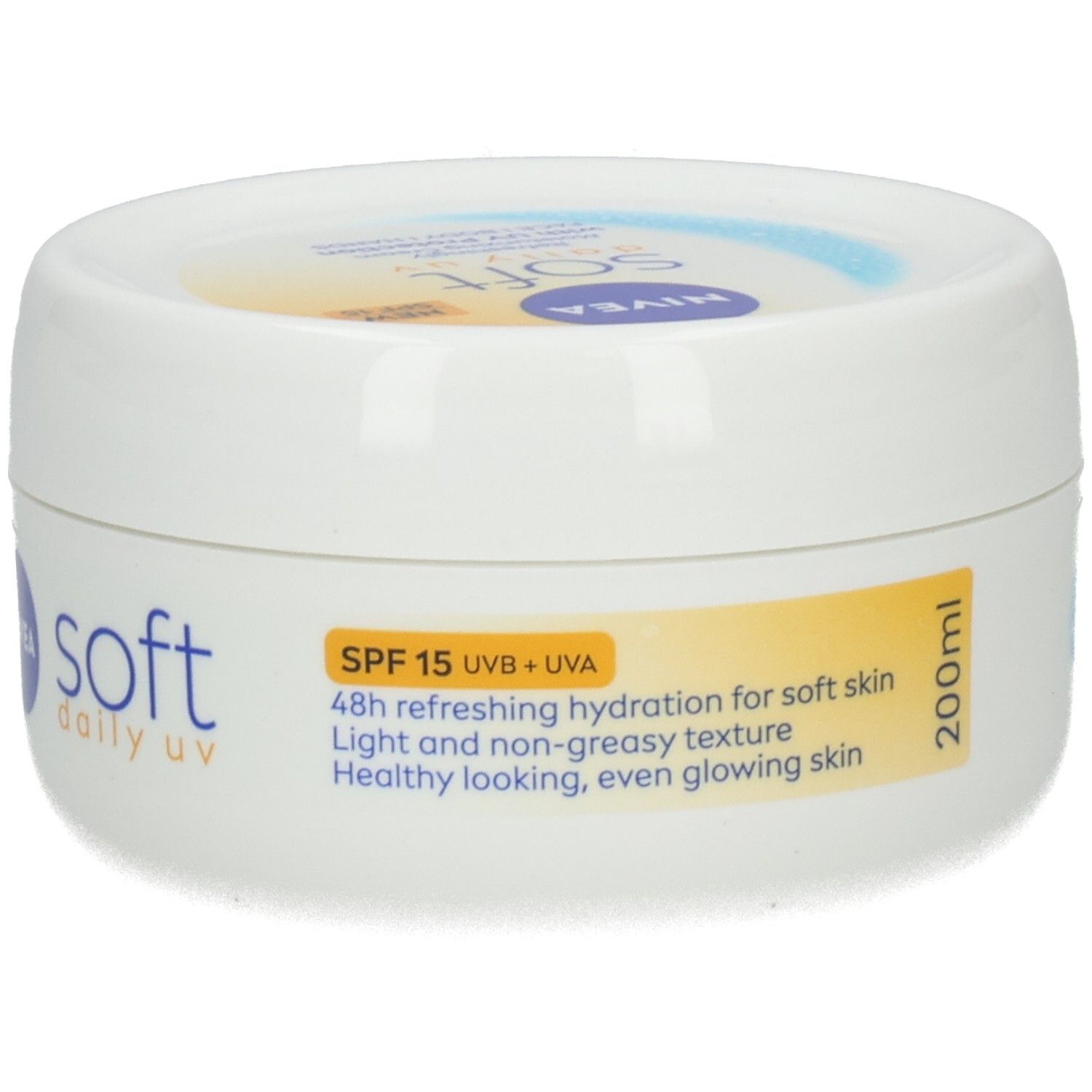 NIVEA Soft Daily UV Dose, 200ml. SPF 15 UVA+UVB. 48h Feuchtigkeit, leichte Textur für gesunde, strahlende Haut.
