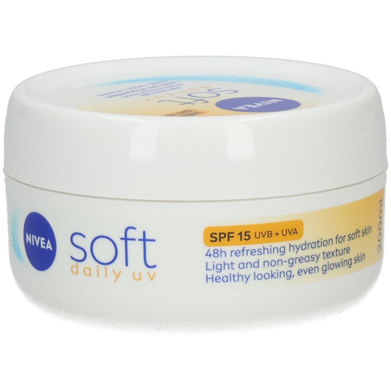 NIVEA Soft Daily UV Dose, 200ml. SPF 15 UVA+UVB. Erfrischende Feuchtigkeit für weiche, strahlende Haut.