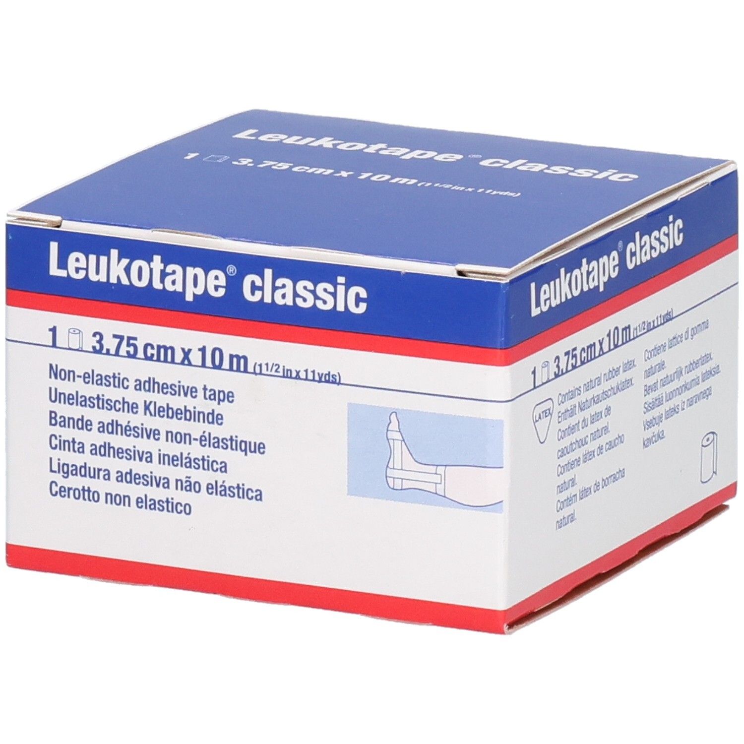 Karton von Leukotape® classic. Enthält 1 Rolle, 3,75 cm x 10 m. Aufdruck: Non-elastic adhesive tape. Abbildung eines Fußes.
