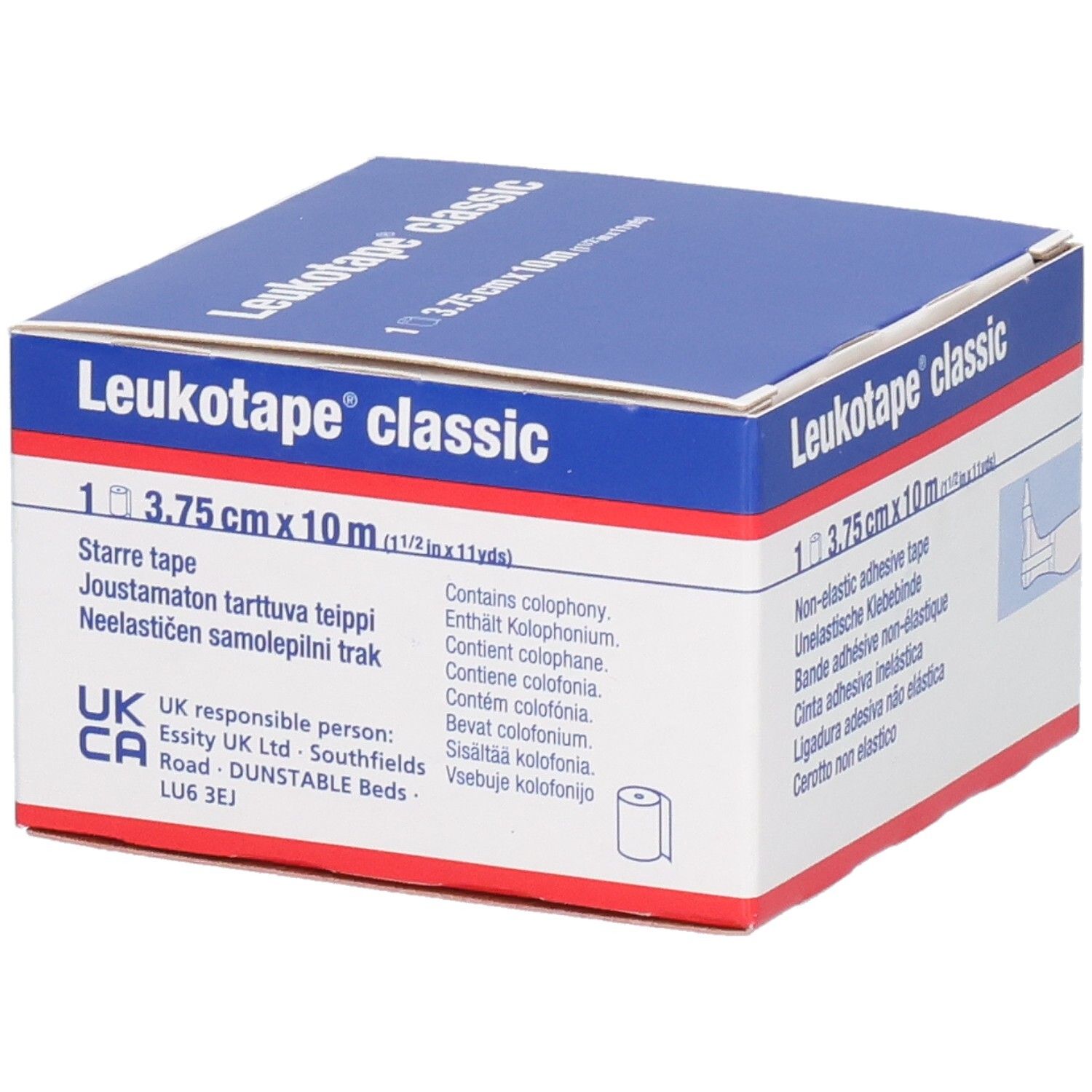 Karton von Leukotape® classic. Enthält 1 Rolle, 3,75 cm x 10 m. Enthält Kolophonium. Abbildung einer Rolle.