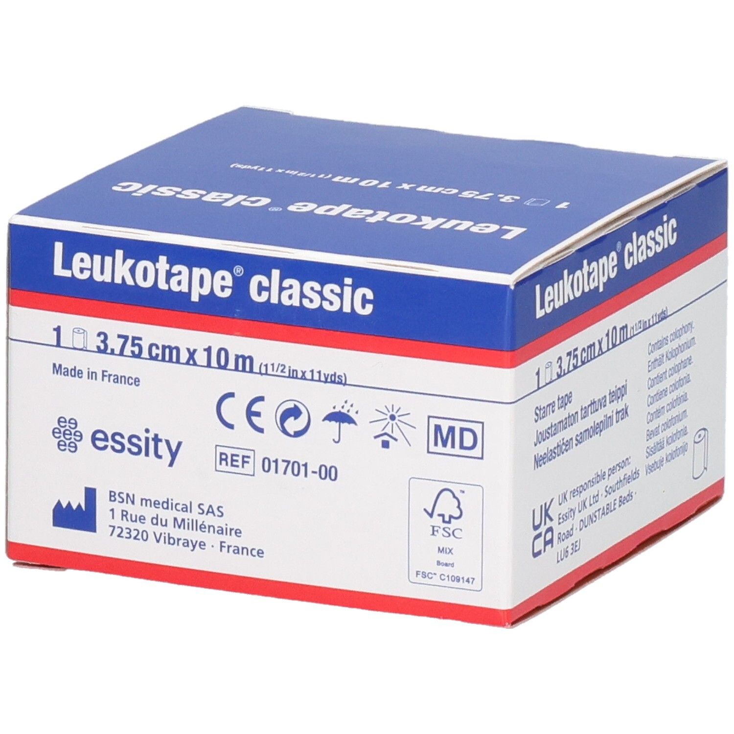 Karton von Leukotape® classic. Enthält 1 Rolle, 3,75 cm x 10 m. Mit CE-Kennzeichnung und MD-Symbol. Hergestellt in Frankreich.