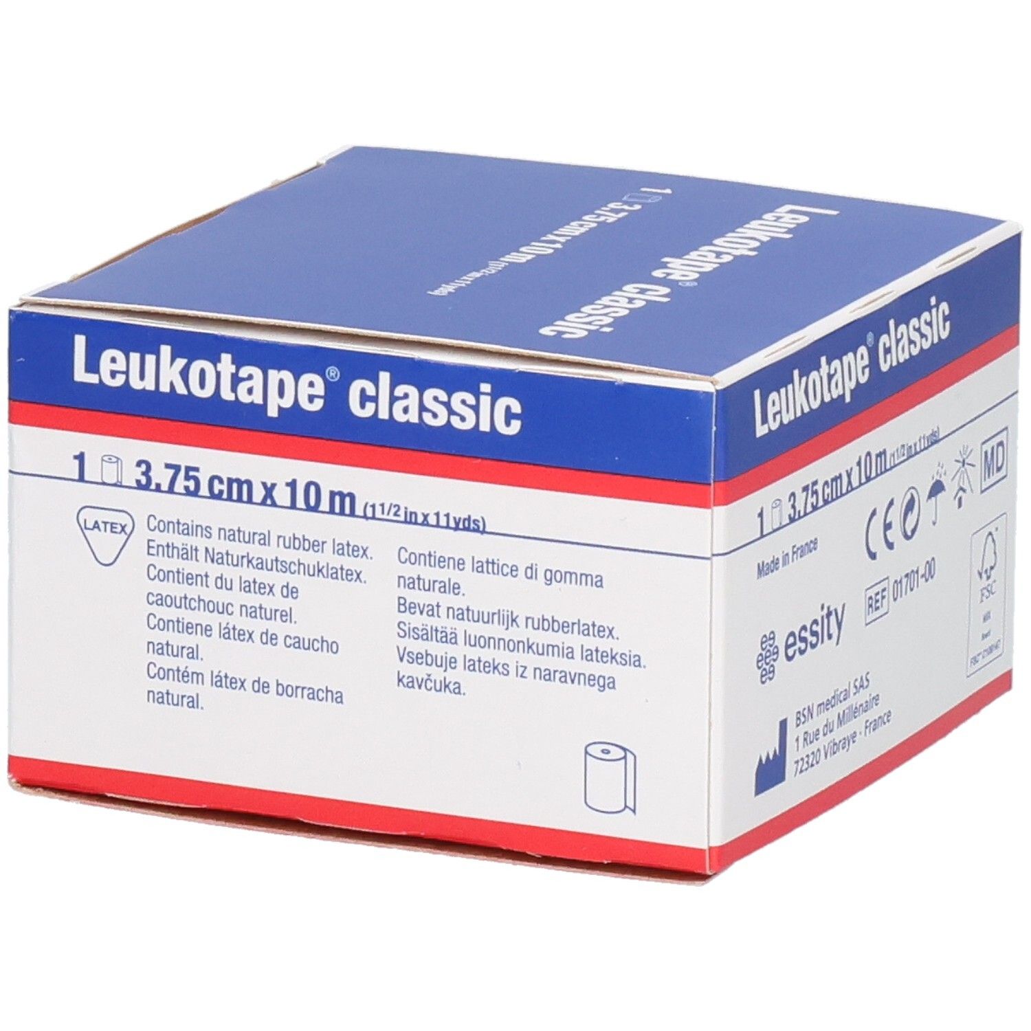 Karton von Leukotape® classic. Enthält 1 Rolle, 3,75 cm x 10 m. Enthält Naturlatex. Mit CE-Kennzeichnung und MD-Symbol.