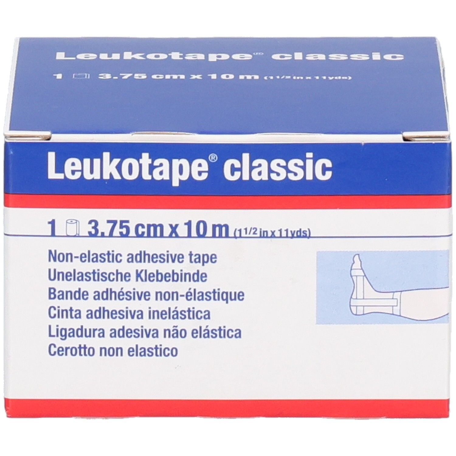 Karton von Leukotape® classic. Enthält 1 Rolle, 3,75 cm x 10 m. Aufdruck: Non-elastic adhesive tape. Abbildung eines Fußes.