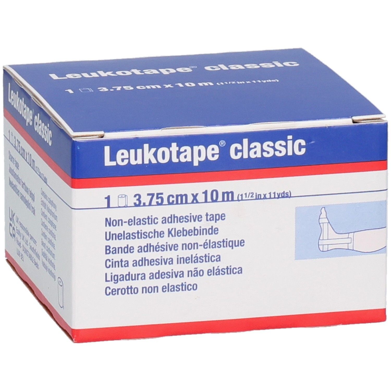 Karton von Leukotape® classic. Enthält 1 Rolle, 3,75 cm x 10 m. Aufdruck: Non-elastic adhesive tape. Abbildung eines Fußes.