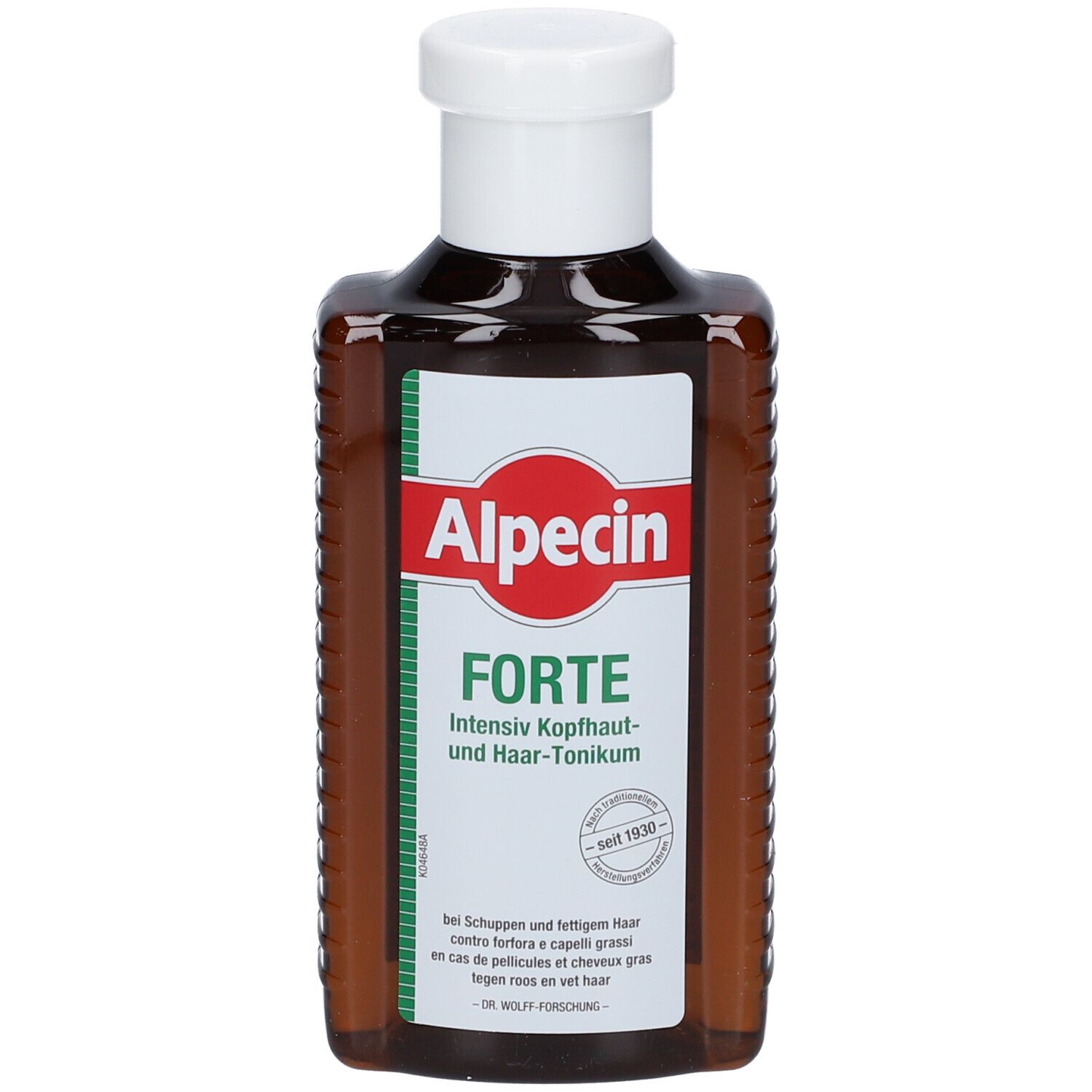 Alpecin FORTE Intensiv Kopfhaut- und Haar-Tonikum in brauner Flasche mit weißem Verschluss.