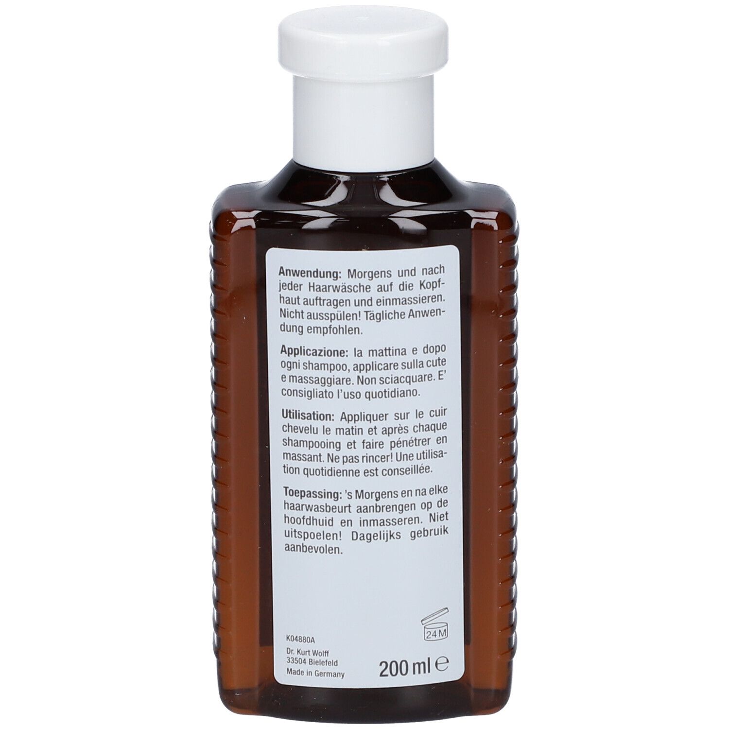 Braune Kunststoffflasche mit weißem Verschluss, 200 ml. Rückseite mit Anwendungshinweisen in vier Sprachen.