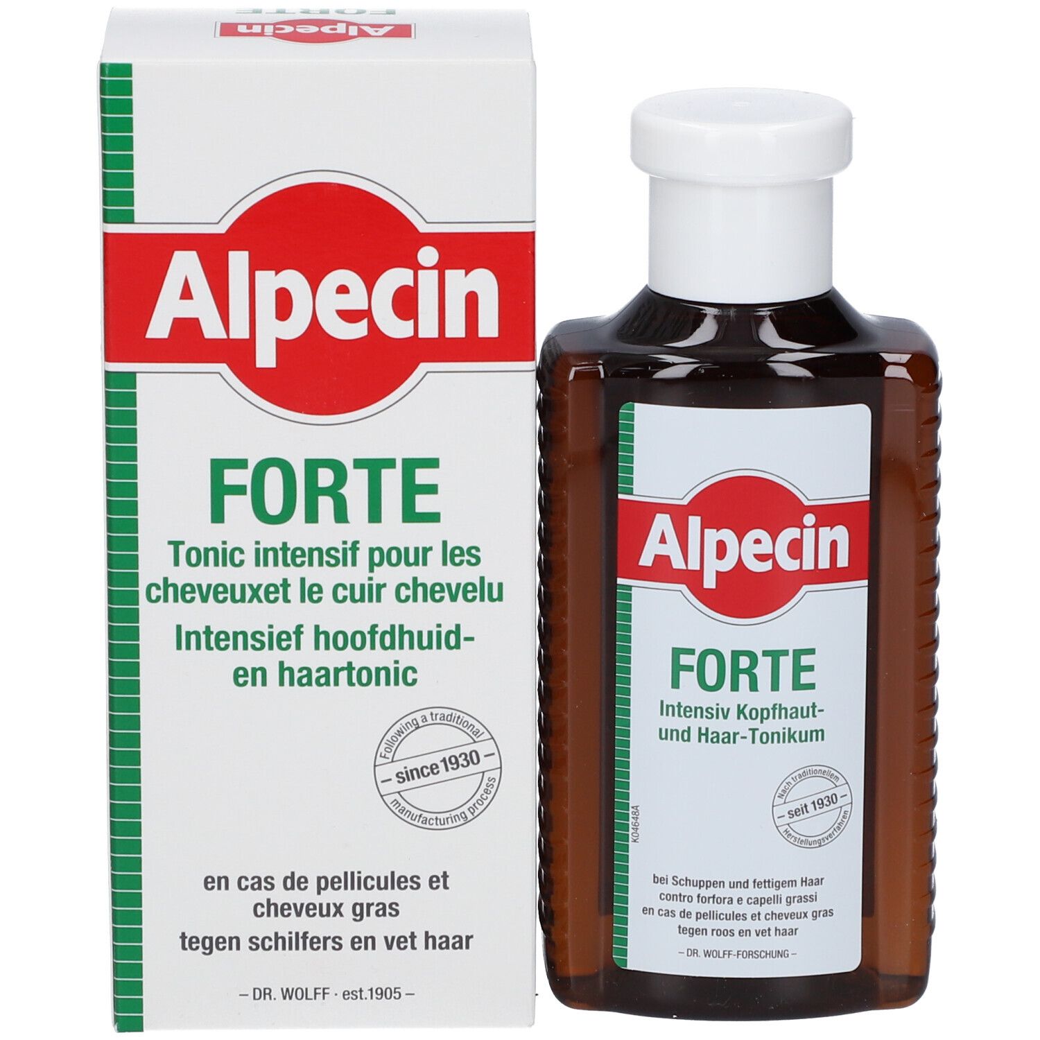 Alpecin Forte Intensiv Kopfhaut- und Haar-Tonikum in brauner Flasche mit weißem Verschluss, daneben die Verpackung.