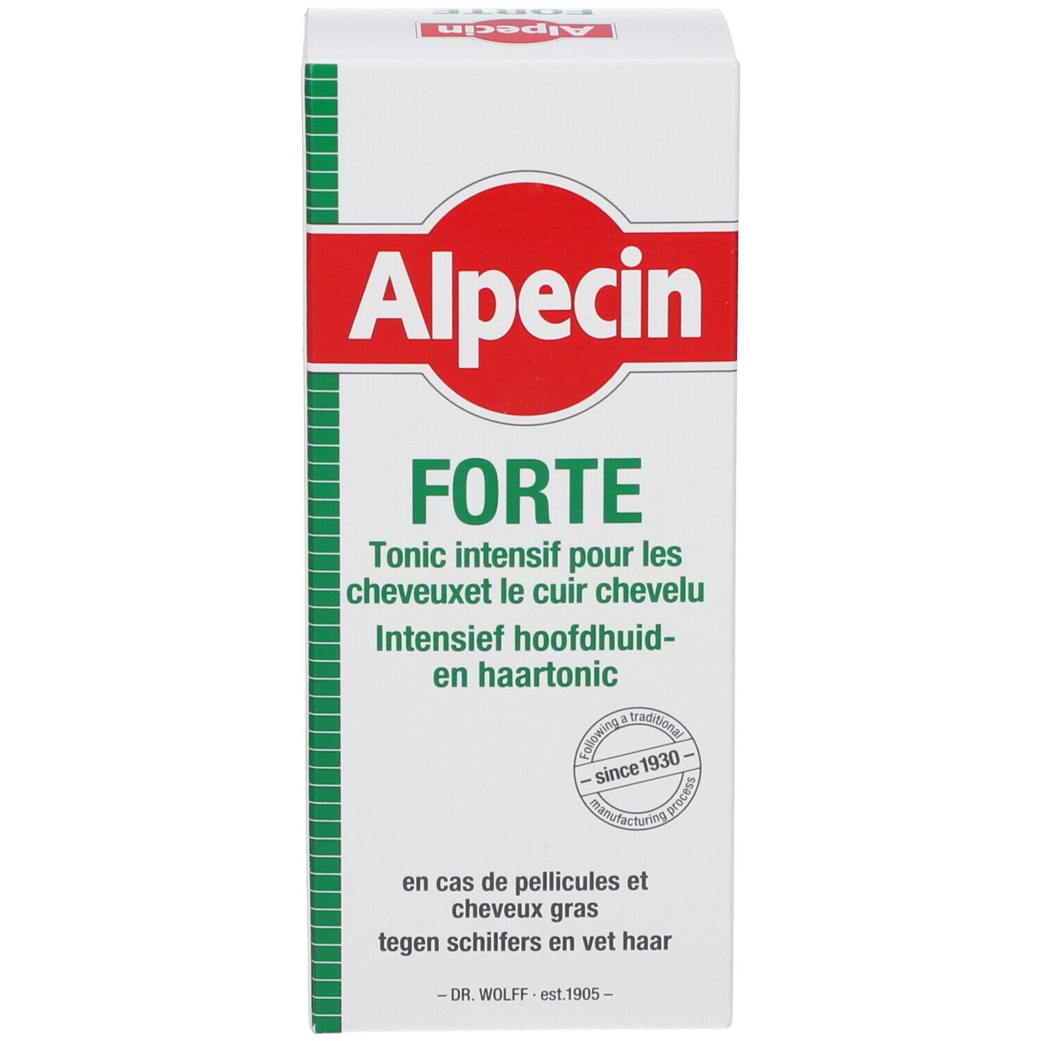 Alpecin FORTE Intensiv-Haar-Tonikum-Verpackung mit rotem Alpecin-Logo und grünen Akzenten.