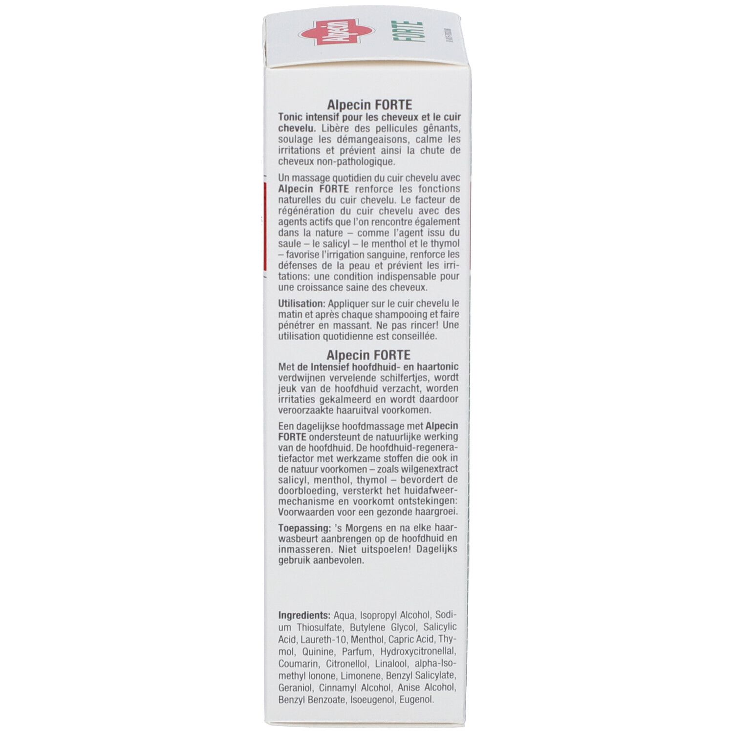 Alpecin FORTE Kopfhaut-Tonic auf einer weißen Verpackung mit Text.