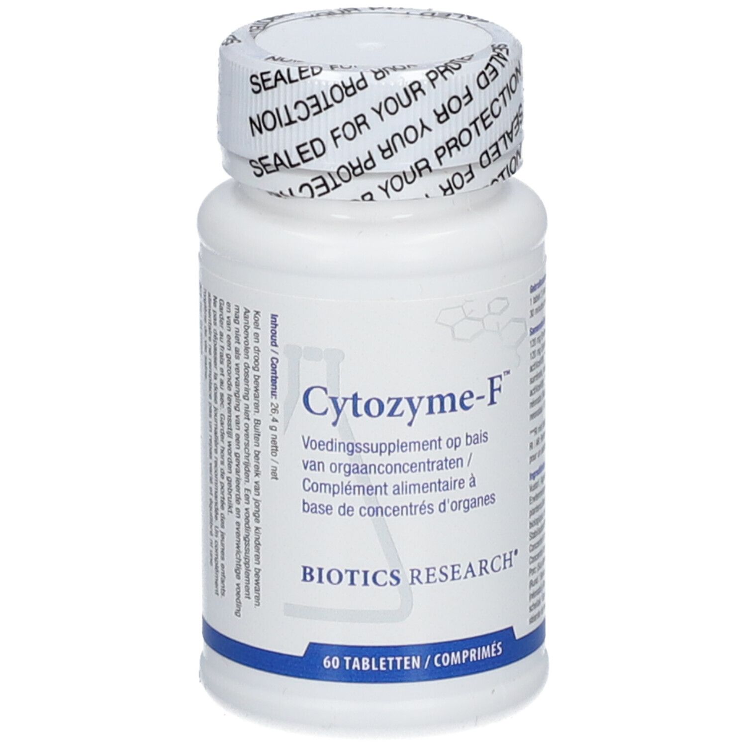 Weiße Flasche mit Cytozyme-F Etikett und versiegelter Kappe, 60 Tabletten.