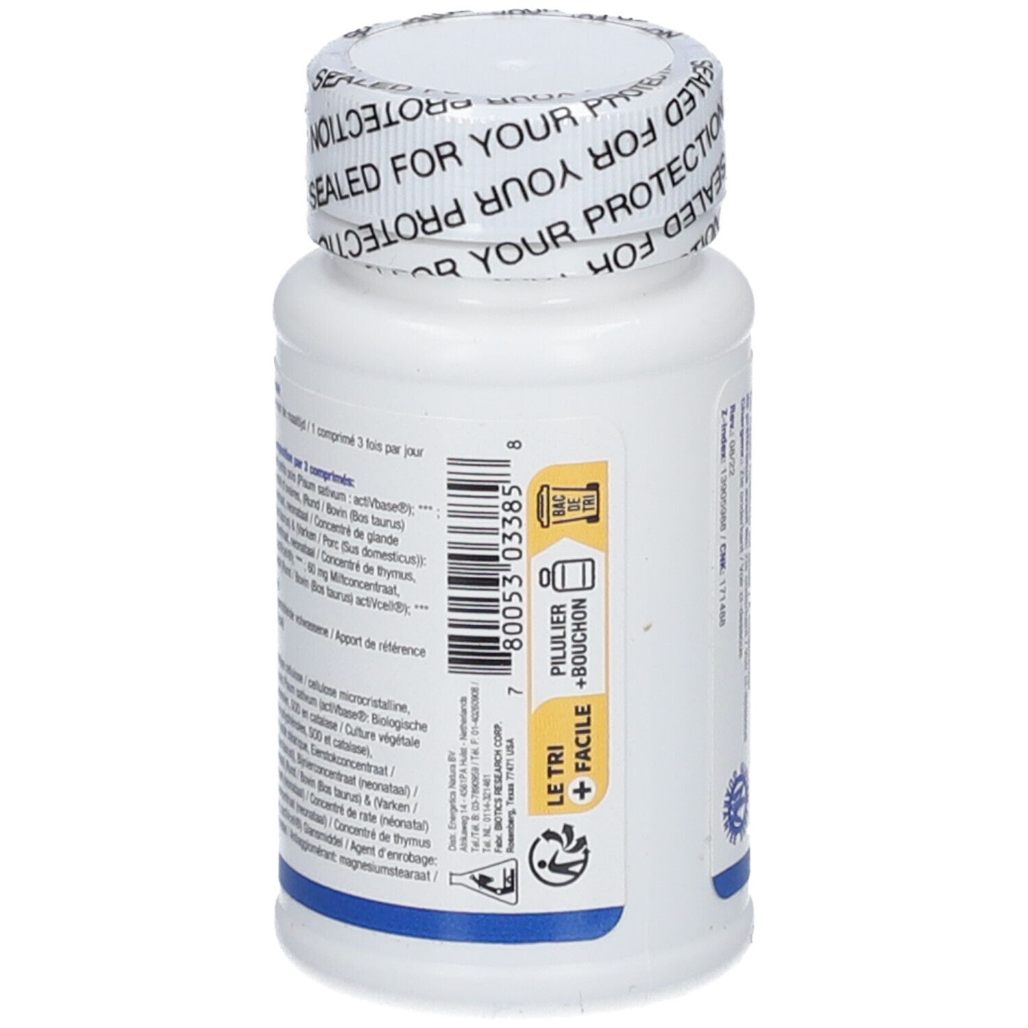 Seitenansicht einer Cytozyme-F Flasche mit Informationen und 60 Tabletten.