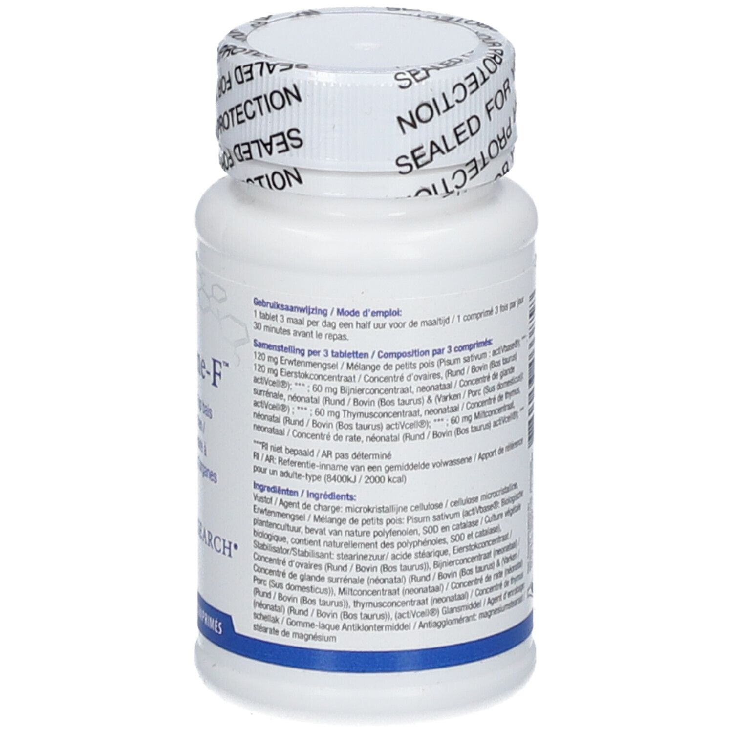Rückseite einer Cytozyme-F Flasche mit Informationen und 60 Tabletten.