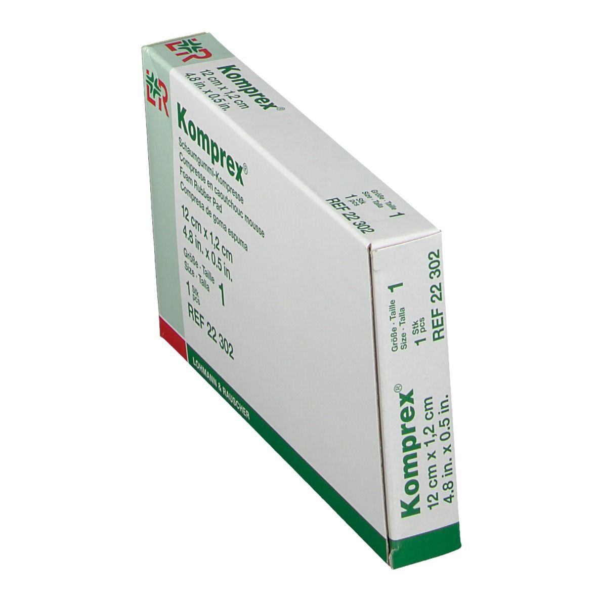 Schrägansicht der Komprex-Verpackung. Größe 1, 12 cm x 1,2 cm. REF 22 302. Grün-weiße Verpackung.