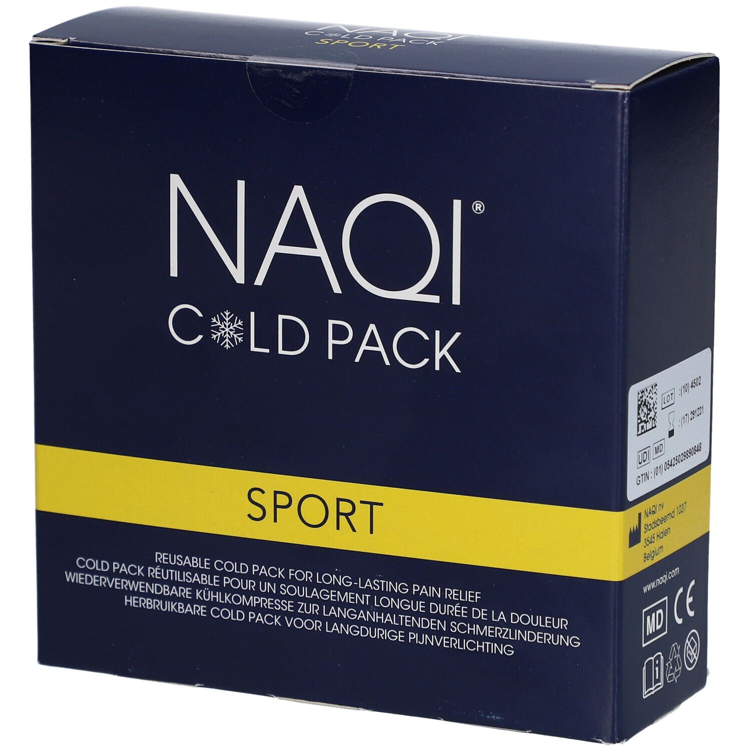 Dunkelblaue Schachtel mit gelbem Streifen. Aufschrift: NAQI COLD PACK SPORT. Text: Reusable Cold Pack.