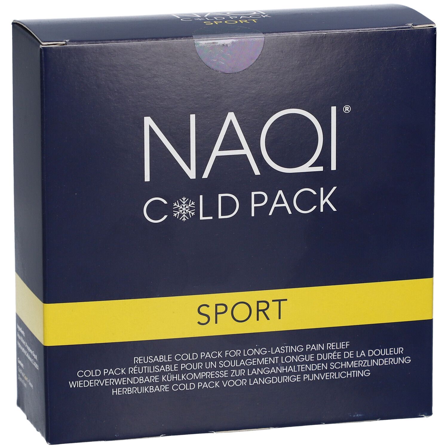 Dunkelblaue Schachtel mit gelbem Streifen. Aufschrift: NAQI COLD PACK SPORT. Text: Reusable Cold Pack.