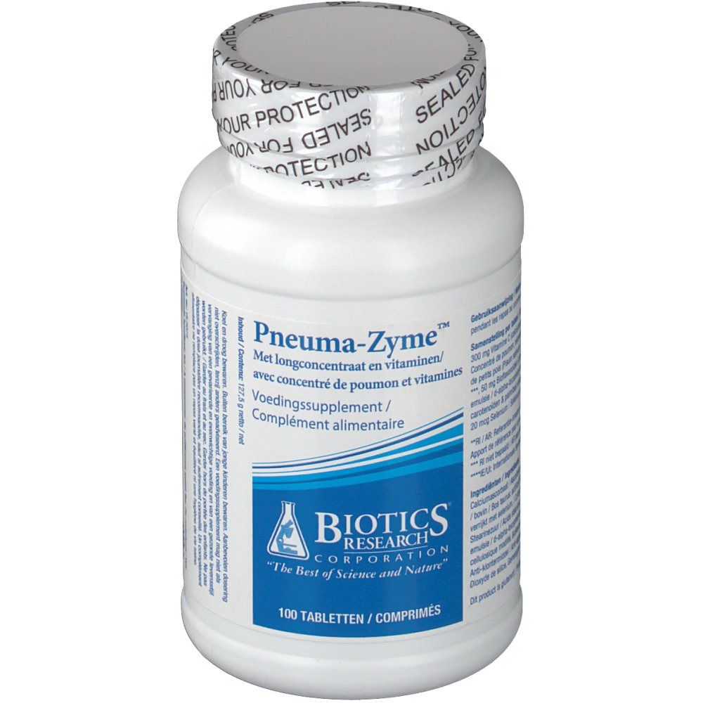Weiße Tablettenflasche mit Schraubverschluss. Aufschrift: Pneumazyme, Biotics Research Corporation. 100 Tabletten.