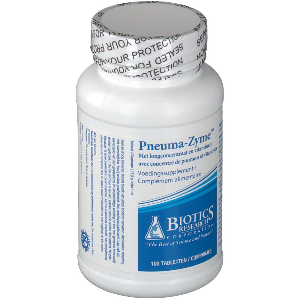Weiße Tablettenflasche mit Schraubverschluss. Aufschrift: Pneumazyme, Biotics Research Corporation. 100 Tabletten.