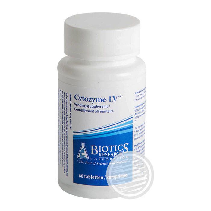 Weiße Flasche mit Cytozyme-LV-Etikett und 60 Tabletten/Kapseln.