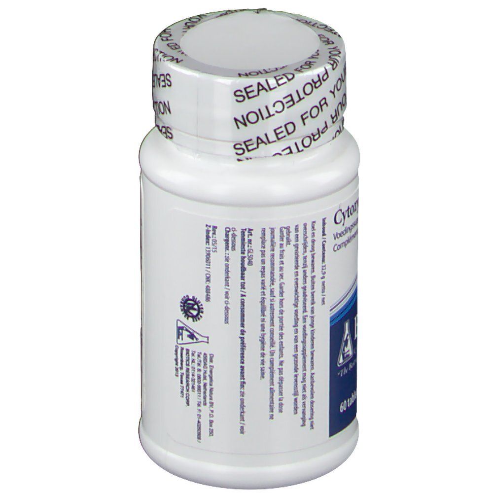 Vorderseite einer weißen Flasche mit Cytozyme-LV-Etikett und 60 Tabletten.