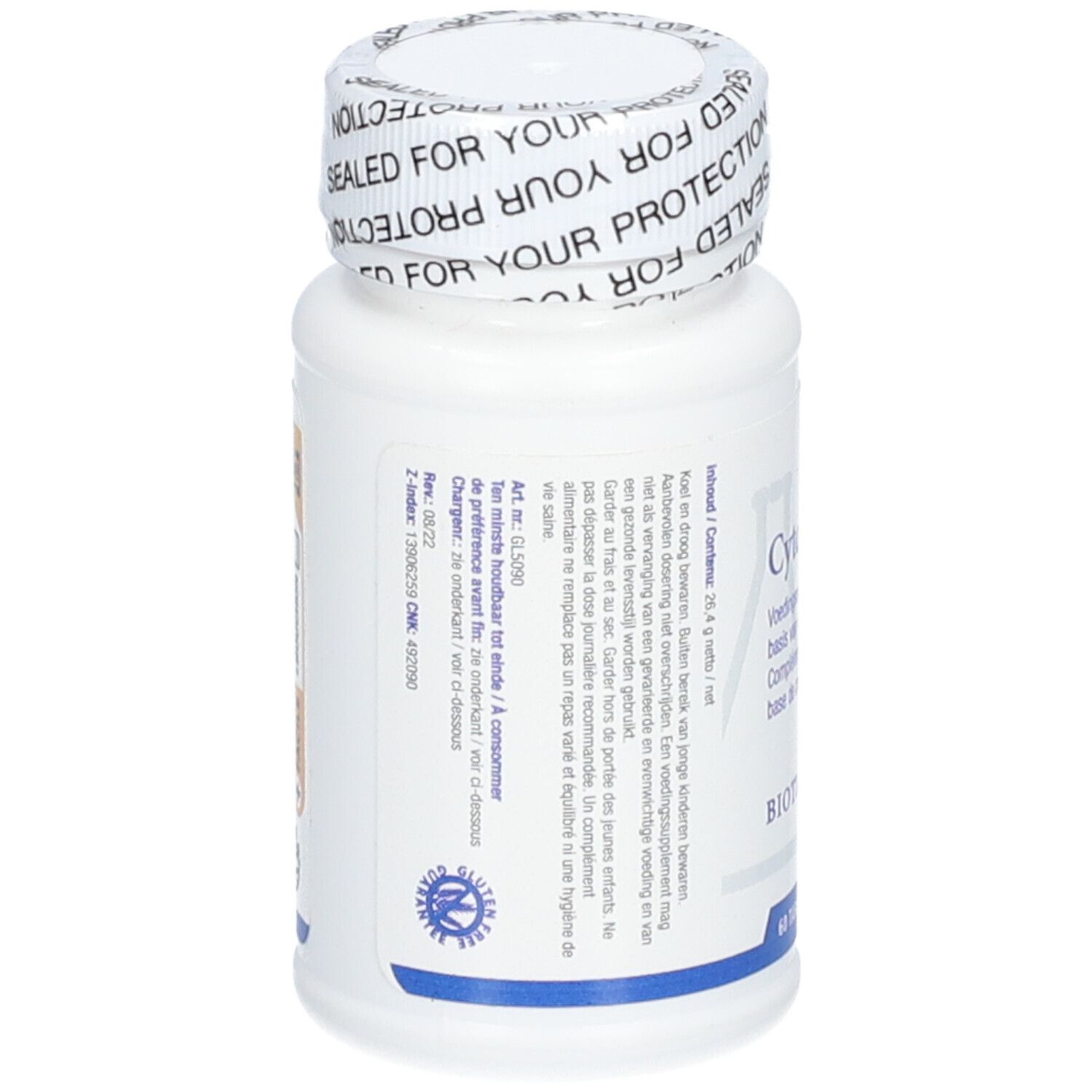 Rückseite der weißen Flasche. Text in mehreren Sprachen. Aufschrift: Biotics Research. Verschluss mit Aufschrift 'SEALED FOR YOUR PROTECTION'.