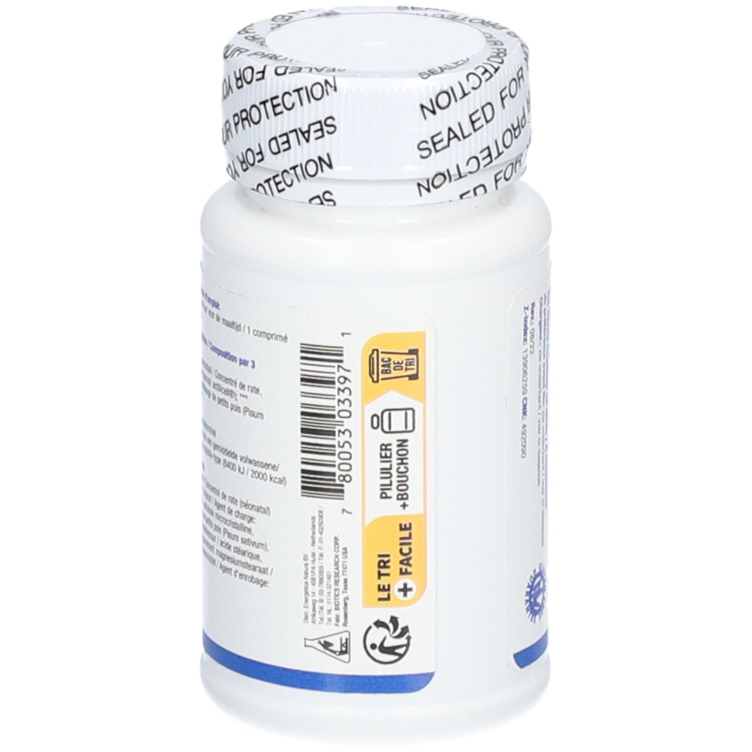 Rückseite der weißen Flasche. Text in mehreren Sprachen. Aufschrift: Biotics Research. Verschluss mit Aufschrift 'SEALED FOR YOUR PROTECTION'.