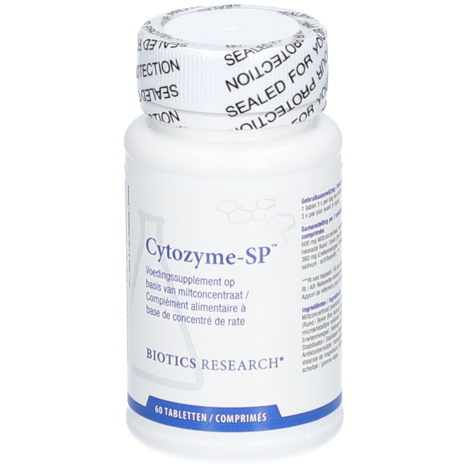 Weiße Flasche mit Cytozyme-SP-Etikett. Aufschrift: Biotics Research. 60 Tabletten. Verschluss mit Aufschrift 'SEALED FOR YOUR PROTECTION'.