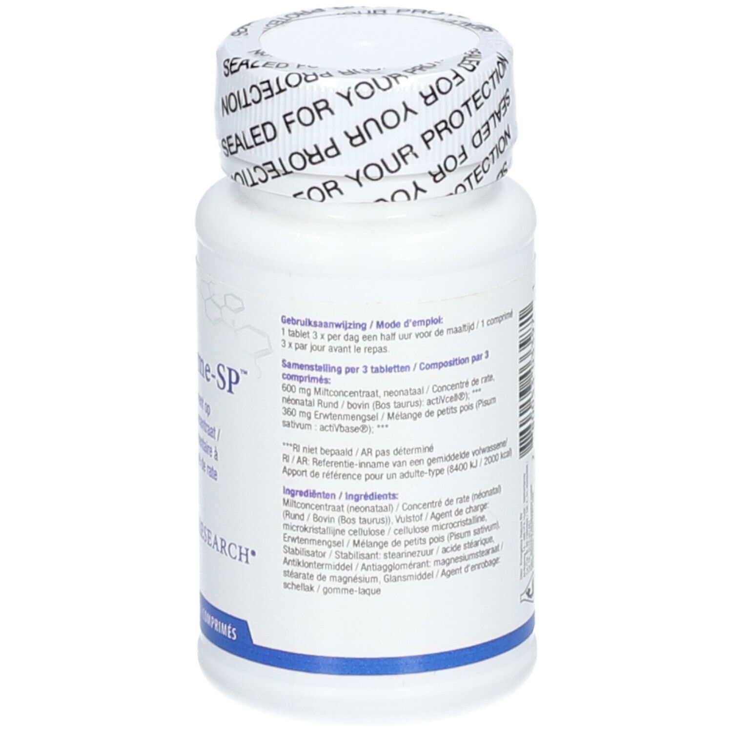 Rückseite der weißen Flasche. Text in mehreren Sprachen. Aufschrift: Biotics Research. Verschluss mit Aufschrift 'SEALED FOR YOUR PROTECTION'.