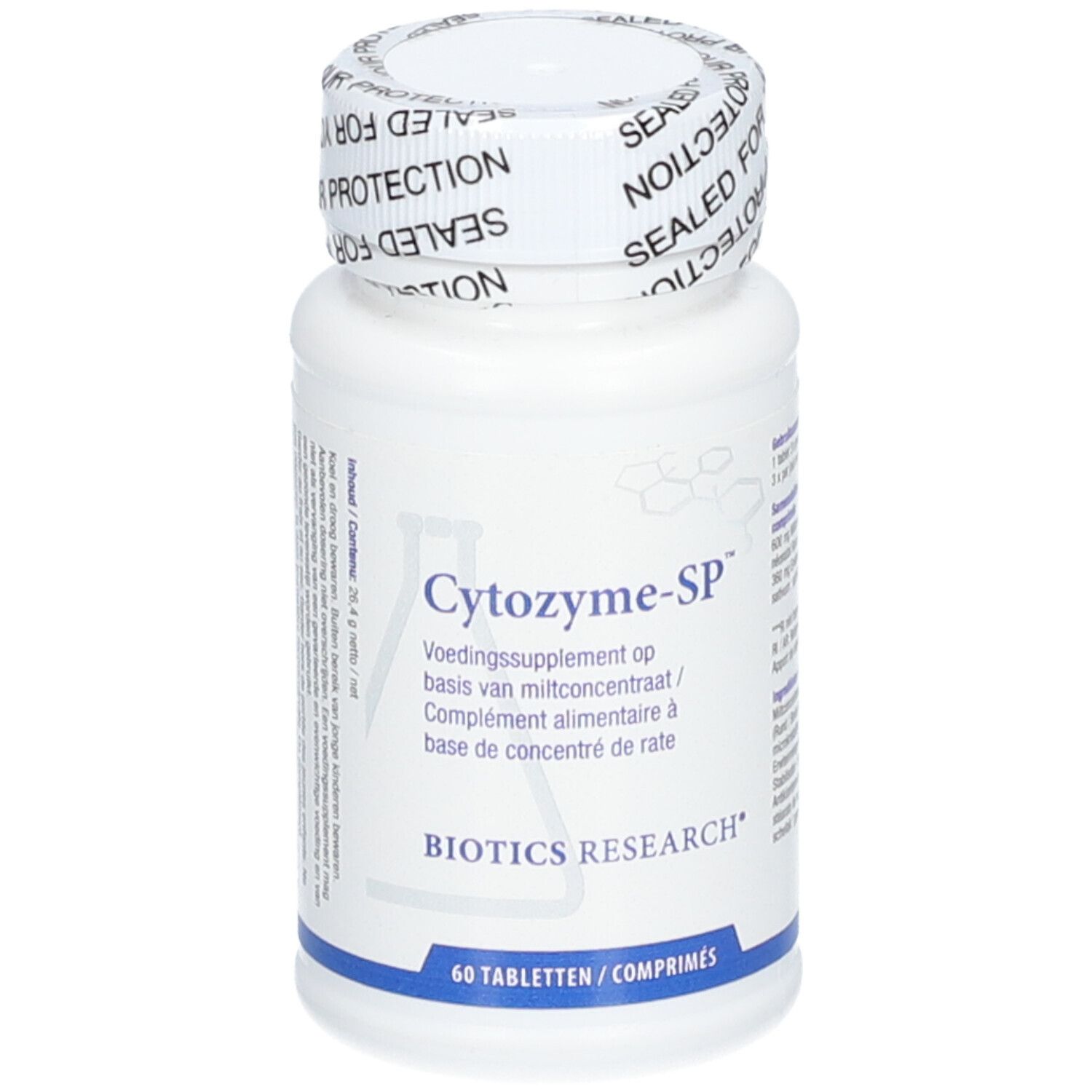 Weiße Flasche mit Cytozyme-SP-Etikett. Aufschrift: Biotics Research. 60 Tabletten. Verschluss mit Aufschrift 'SEALED FOR YOUR PROTECTION'.
