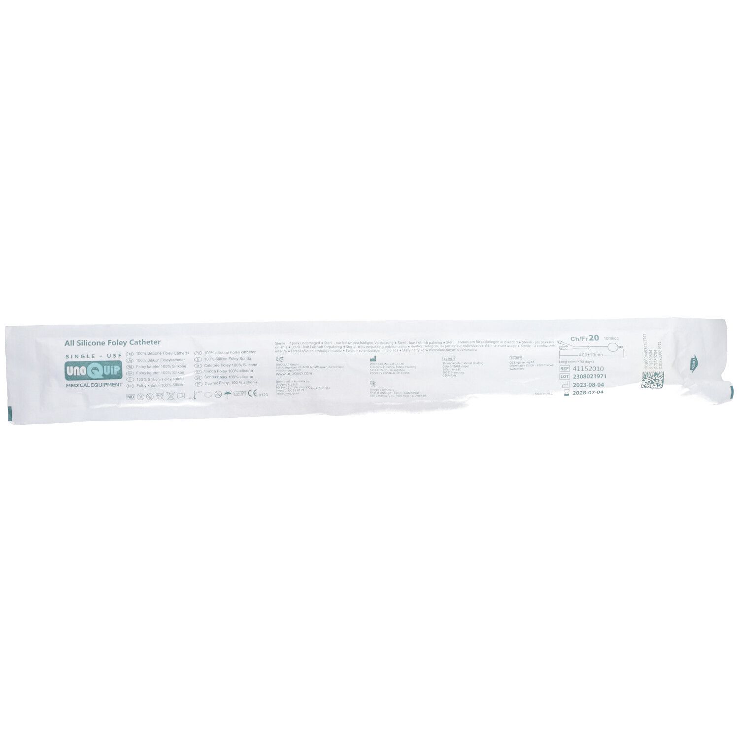 Verpackte medizinische Sonde. Aufschrift: All Silicone Foley Catheter. Marke: ONE-QUIP. Einzeln verpackt.
