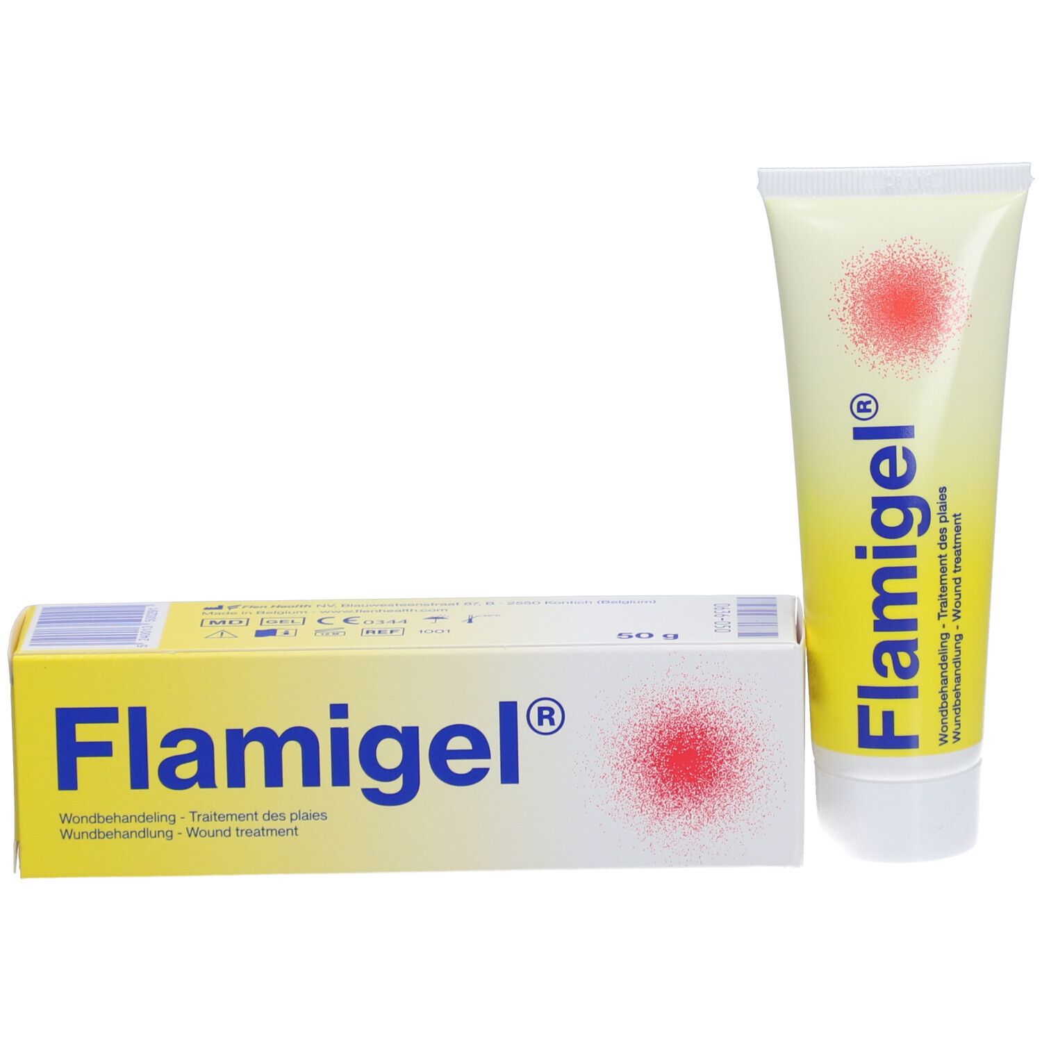 Flamigel®-Tube und Schachtel. Gel-Tube und Schachtel mit rotem Punkt-Logo. 50g.