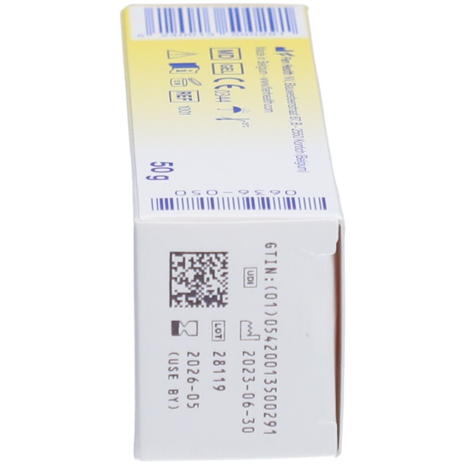 Flamigel®-Schachtel, Detail. Gel-Schachtel mit rotem Punkt-Logo. 50g.