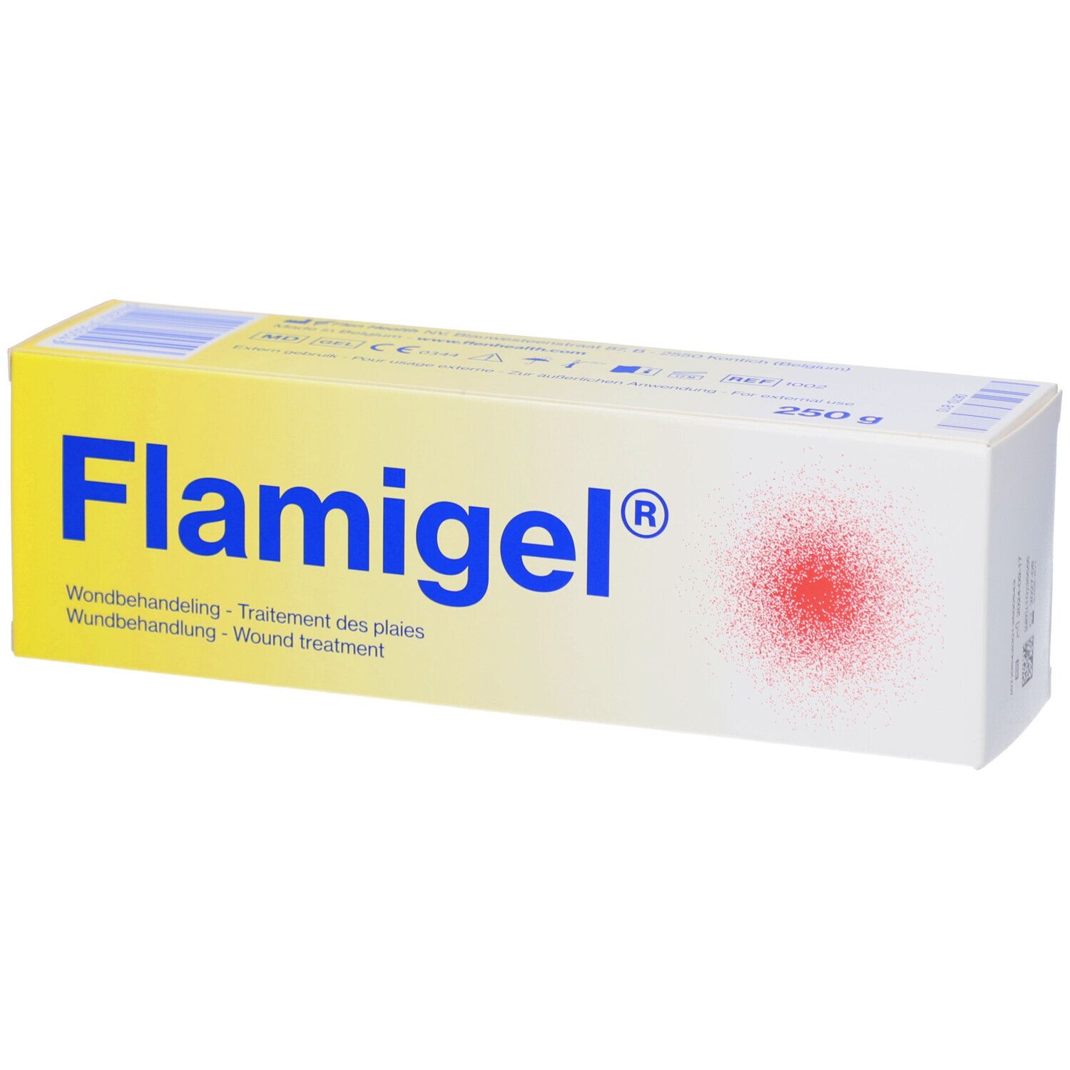 Tube mit Flamigel®. Text: Heilt Wunden bis zu 40% schneller. Mit CE-Kennzeichnung.