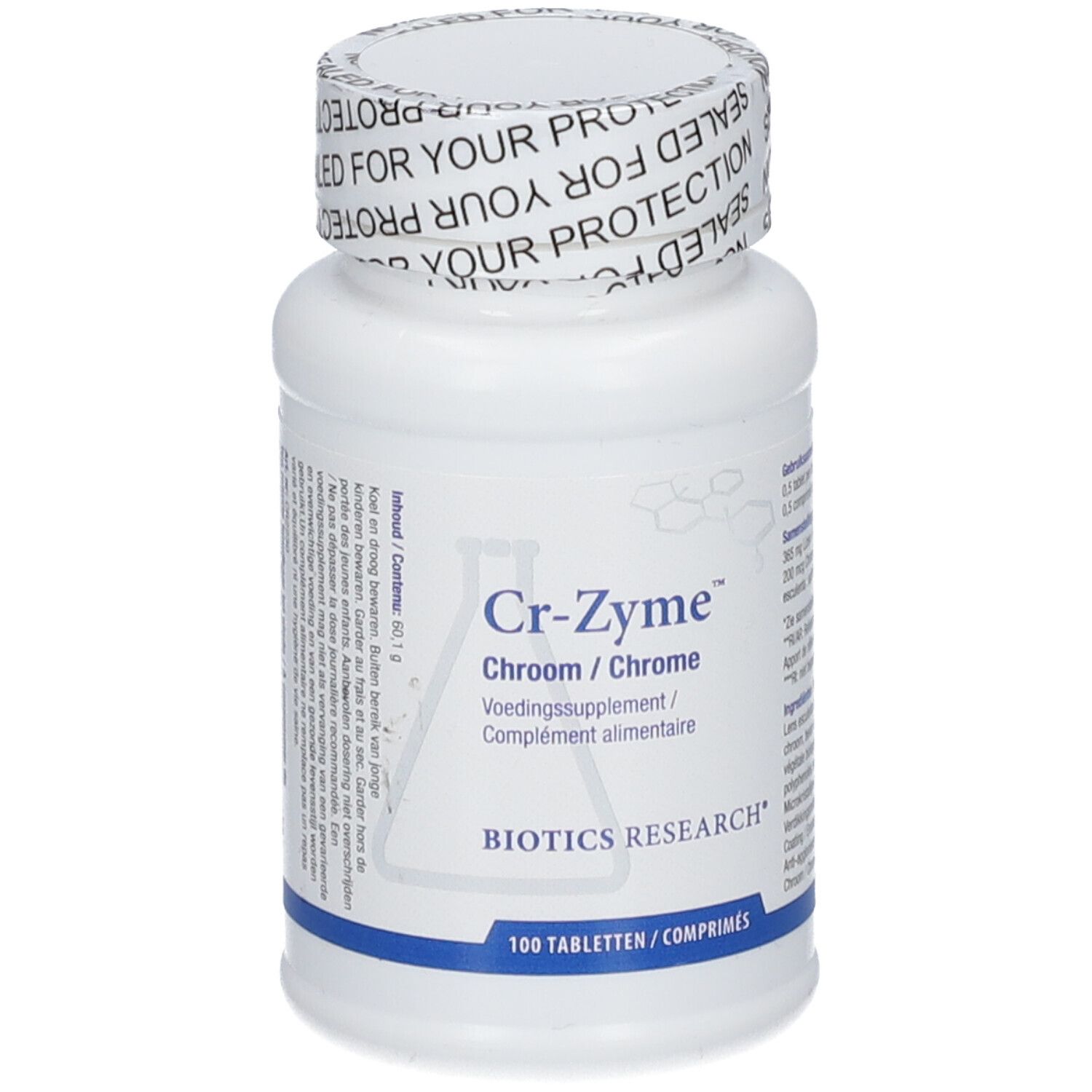 Weiße Flasche mit Cr-Zyme-Etikett. Enthält 100 Tabletten. Aufschrift: Biotics Research. Verschluss mit Aufdruck: Sealed for your protection.