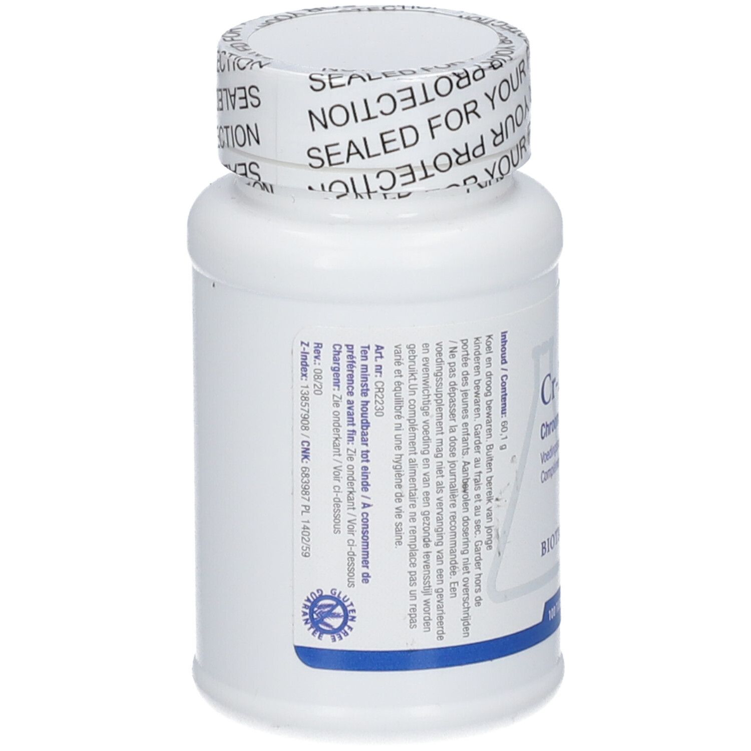 Weiße Flasche mit Etikett. Aufschrift: Cr-Zyme, Biotics Research. Auf dem Deckel steht: Sealed for your protection. Rückseite mit Text.