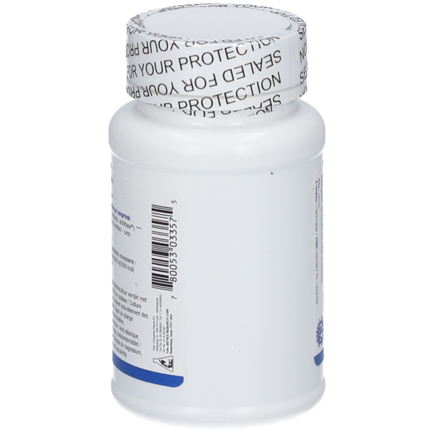 Weiße Flasche mit Etikett. Aufschrift: Cr-Zyme, Biotics Research. Auf dem Deckel steht: Sealed for your protection. Barcode.