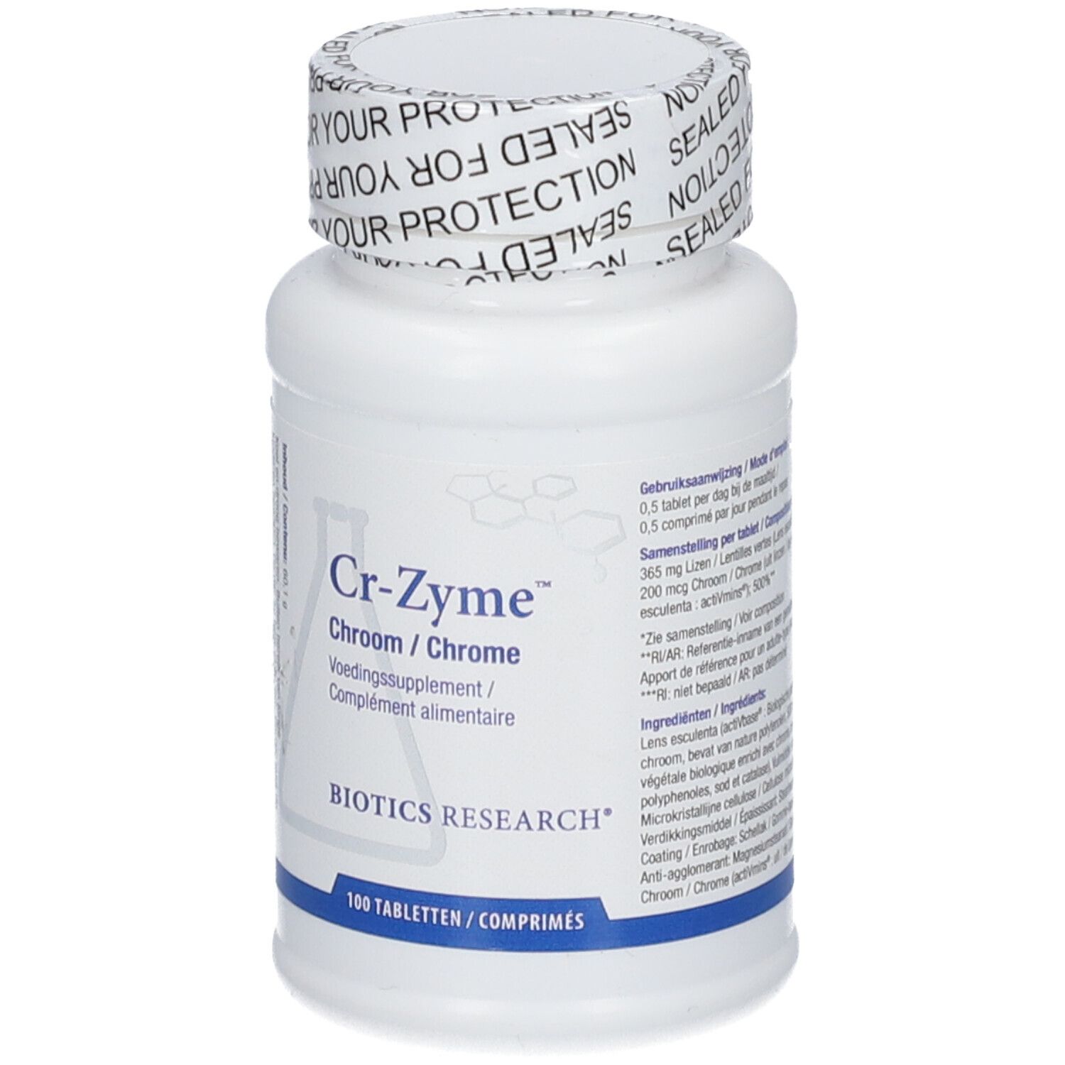 Weiße Flasche mit Cr-Zyme-Etikett. Enthält 100 Tabletten. Biotics Research Logo. Verschluss mit Aufdruck 'SEALED FOR YOUR PROTECTION'.