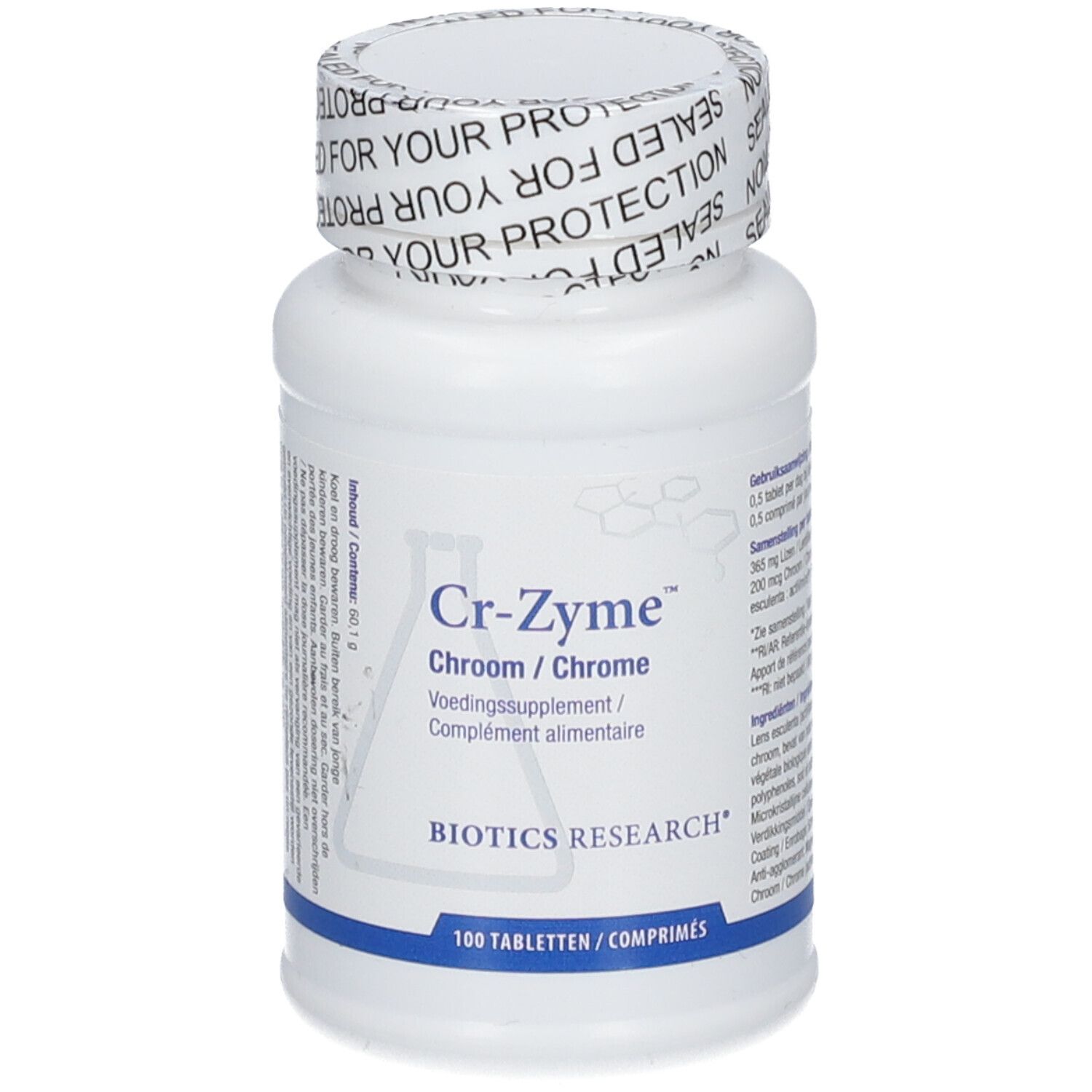 Weiße Flasche mit Cr-Zyme-Etikett. Enthält 100 Tabletten. Aufschrift: Biotics Research. Verschluss mit Aufdruck: Sealed for your protection.