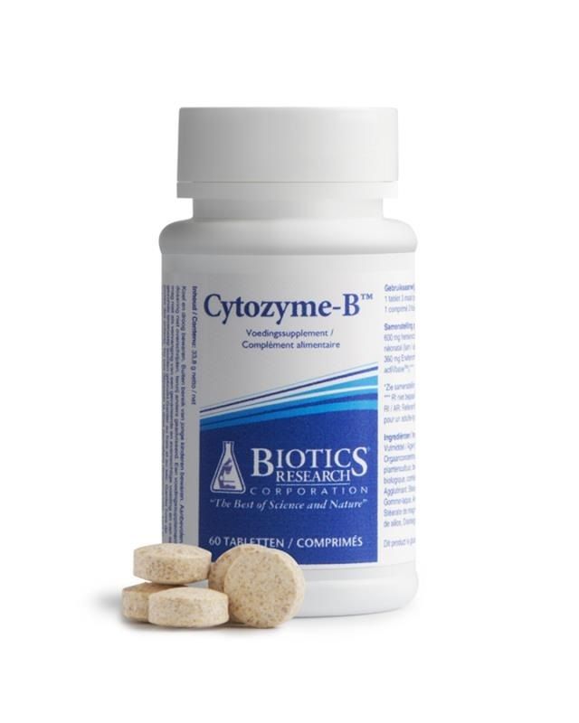 Weiße Flasche mit Tabletten. Aufschrift: Cytozyme-B, BIOTICS RESEARCH. 60 Tabletten. Einige Tabletten liegen daneben.