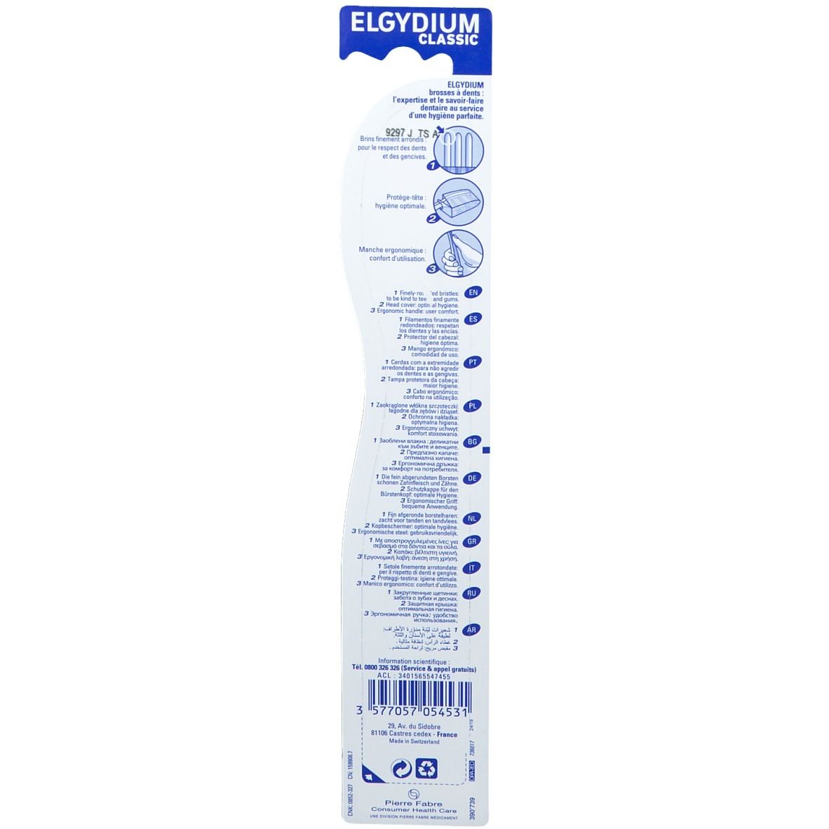 Rückseite der Elgydium Classic Zahnbürstenverpackung. Text in mehreren Sprachen. Produktinformationen und Herstellerangaben.