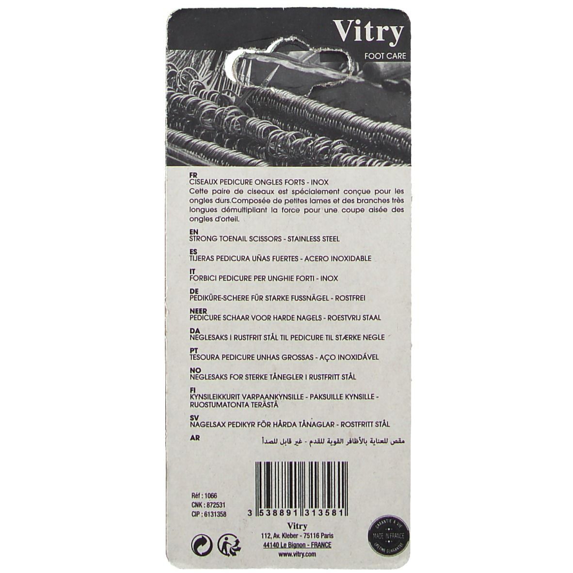 Rückseite der Blisterverpackung mit Produktinformationen und Barcode. Marke Vitry, Fußpflege. Mehrsprachige Texte.