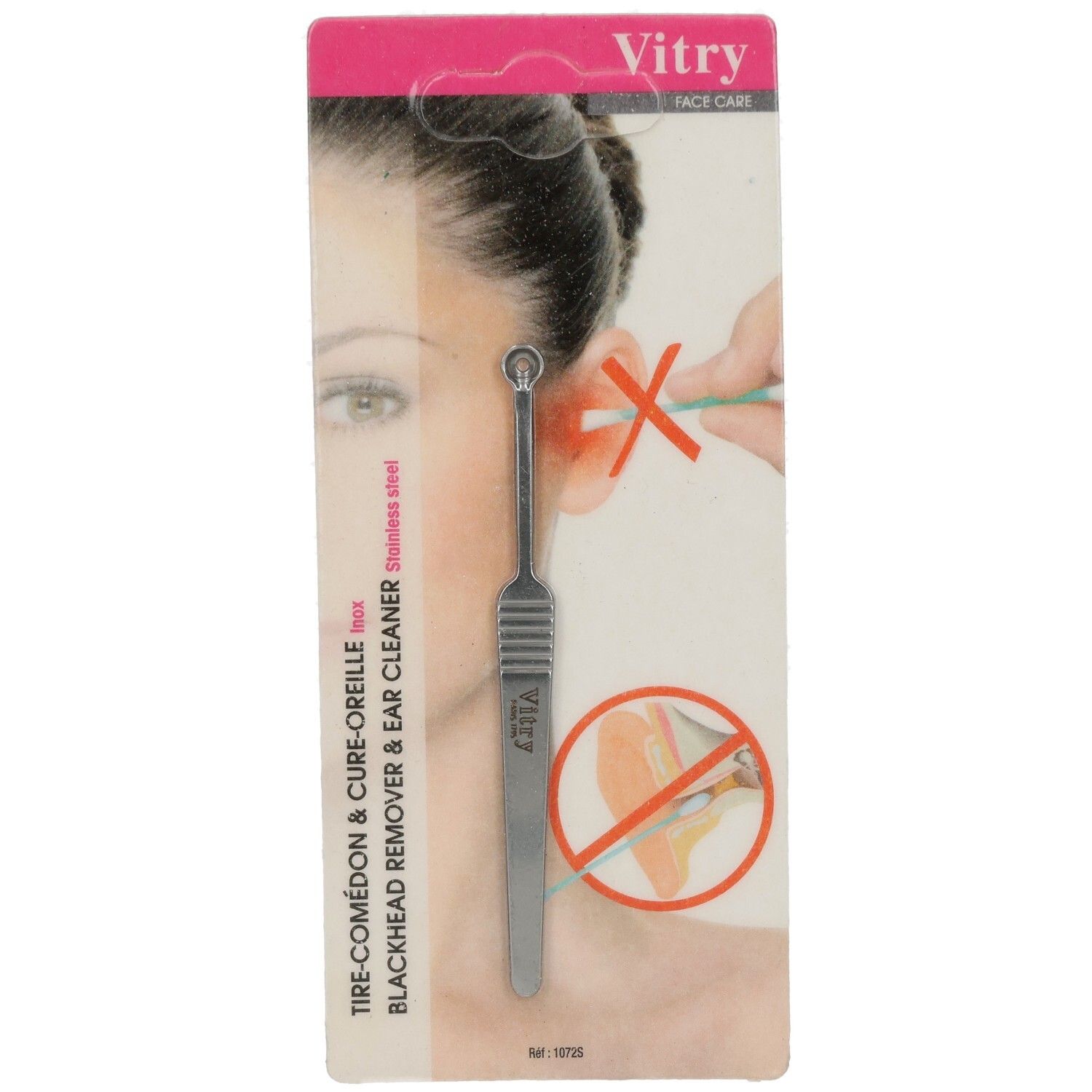 Verpackung mit einem Edelstahl-Mitesserentferner und Ohrenreiniger. Das Werkzeug hat ein rundes Ende und einen Griff. Der Markenname Vitry ist auf der Verpackung zu sehen.