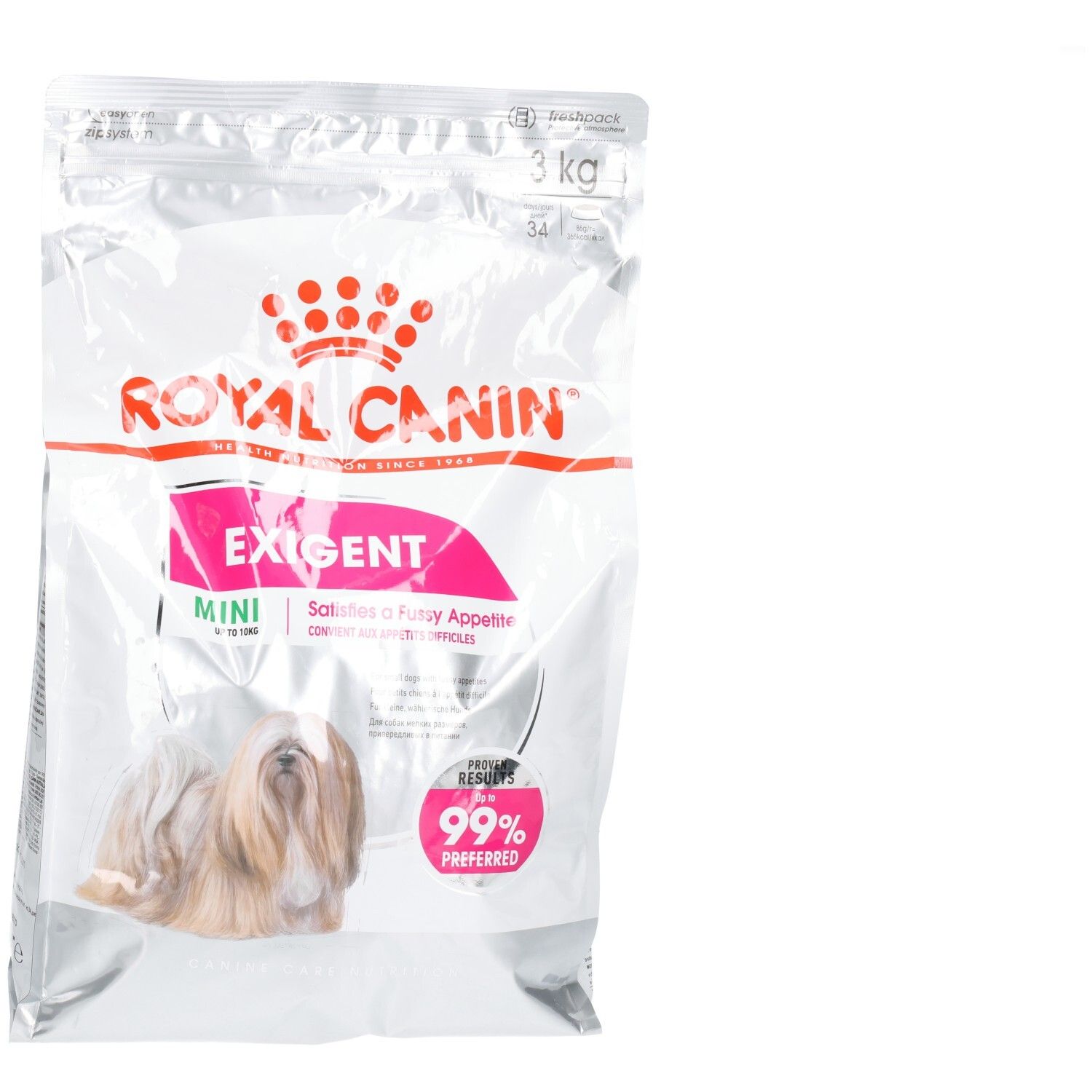 Royal Canin Mini Exigent Hundefutter, 3 kg Packung mit Hundebild und Produktinformationen.